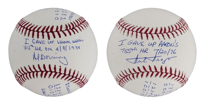 Lot of (2) Line Score Signed Baseballs With Hank Aarons 715th & 755th Home Run Games - Signed By Al Downing and Dick Drago (PSA/DNA)
